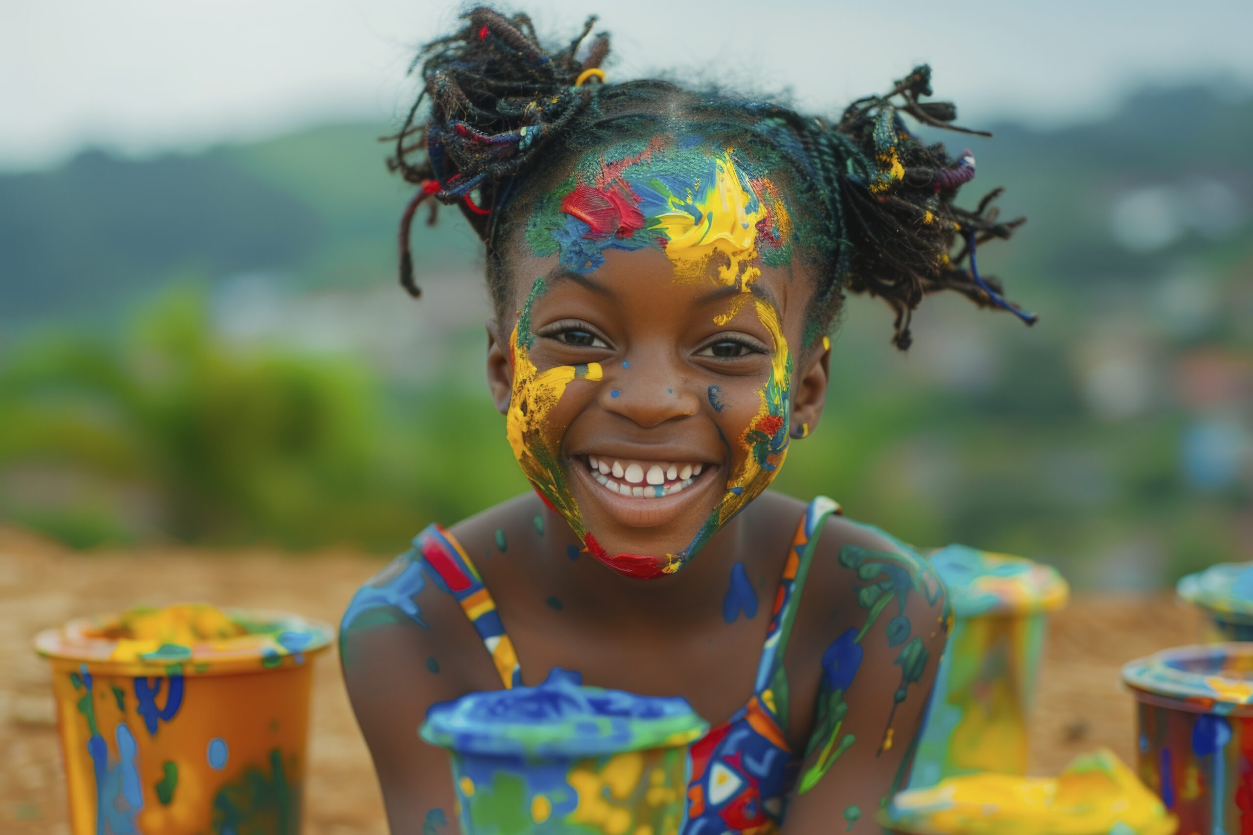 a happy African girl rides paints a picture , in the style of joyful and optimistic, Professional advertising product photography --chaos 10 --ar 3:2 --stylize 250 Job ID: e361c210-e2e6-46ee-9f24-edb37d585059